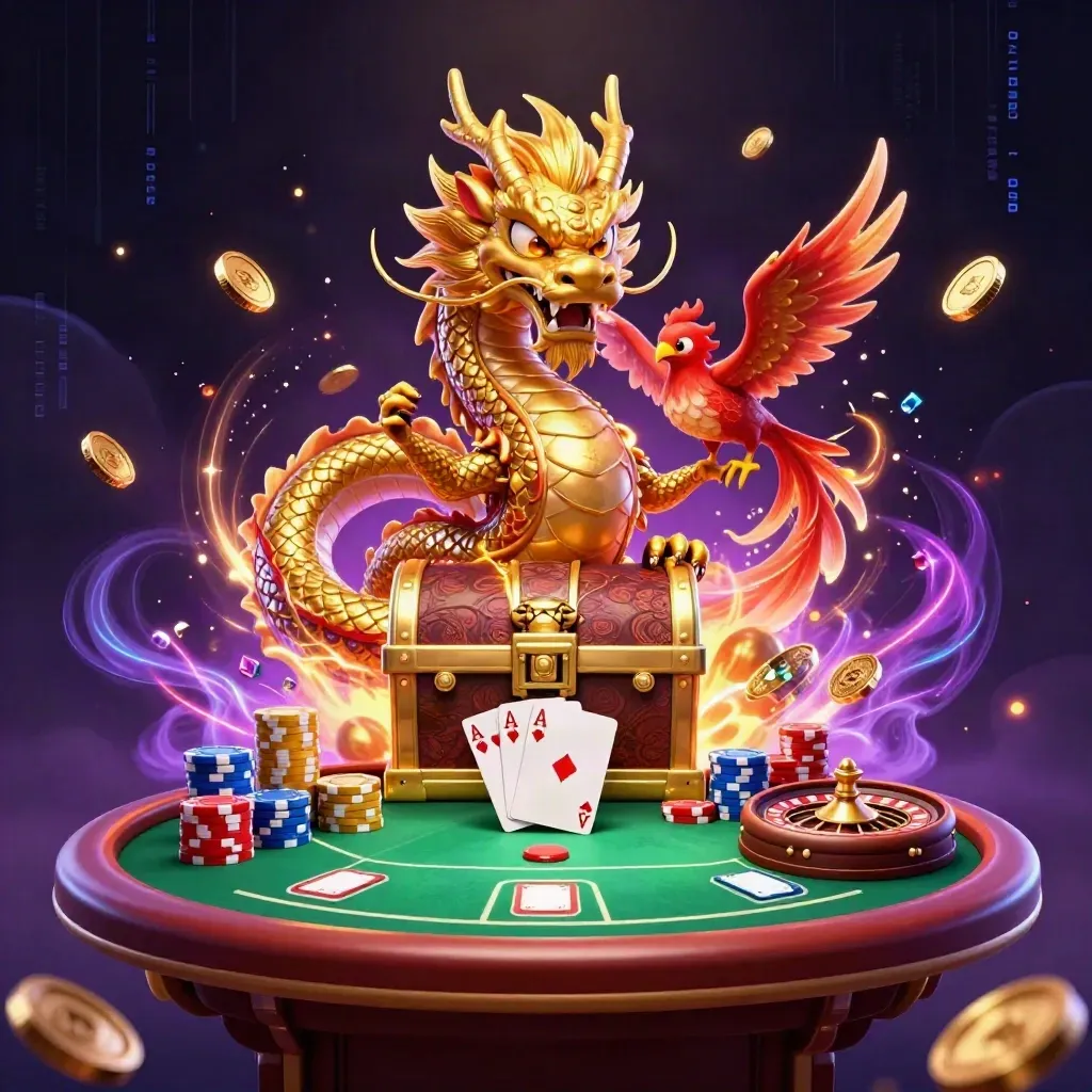 Golden dragon, phoenix, koi, poker chips, roulette wheel, and treasure exploding in neon casino light.