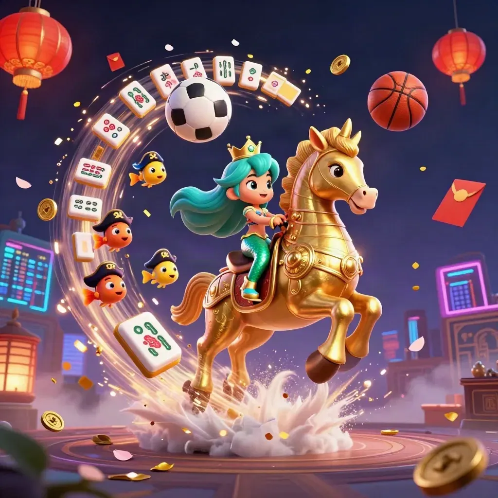 Mermaid princess on a gold seahorse amid casino charms, coins, lanterns, and flying balls.