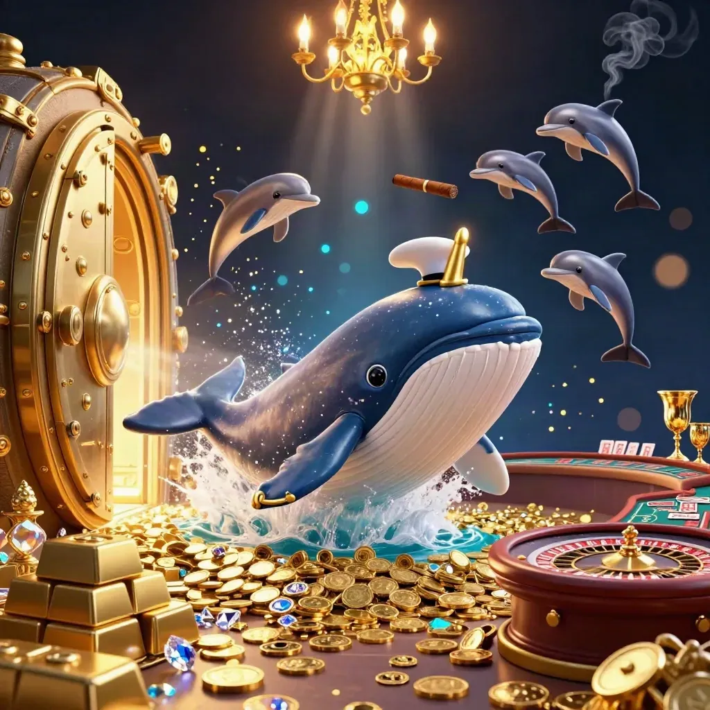 Whale captain, narwhal, and dolphins amid vault light, gold, gems, and casino glamour.