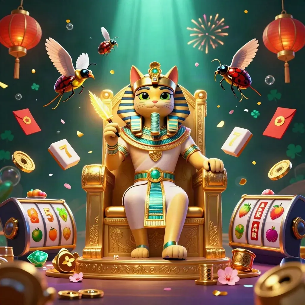 Pharaoh cat, ibis scribe, and gem-wing scarabs amid treasure bursts in a luxe casino fantasy