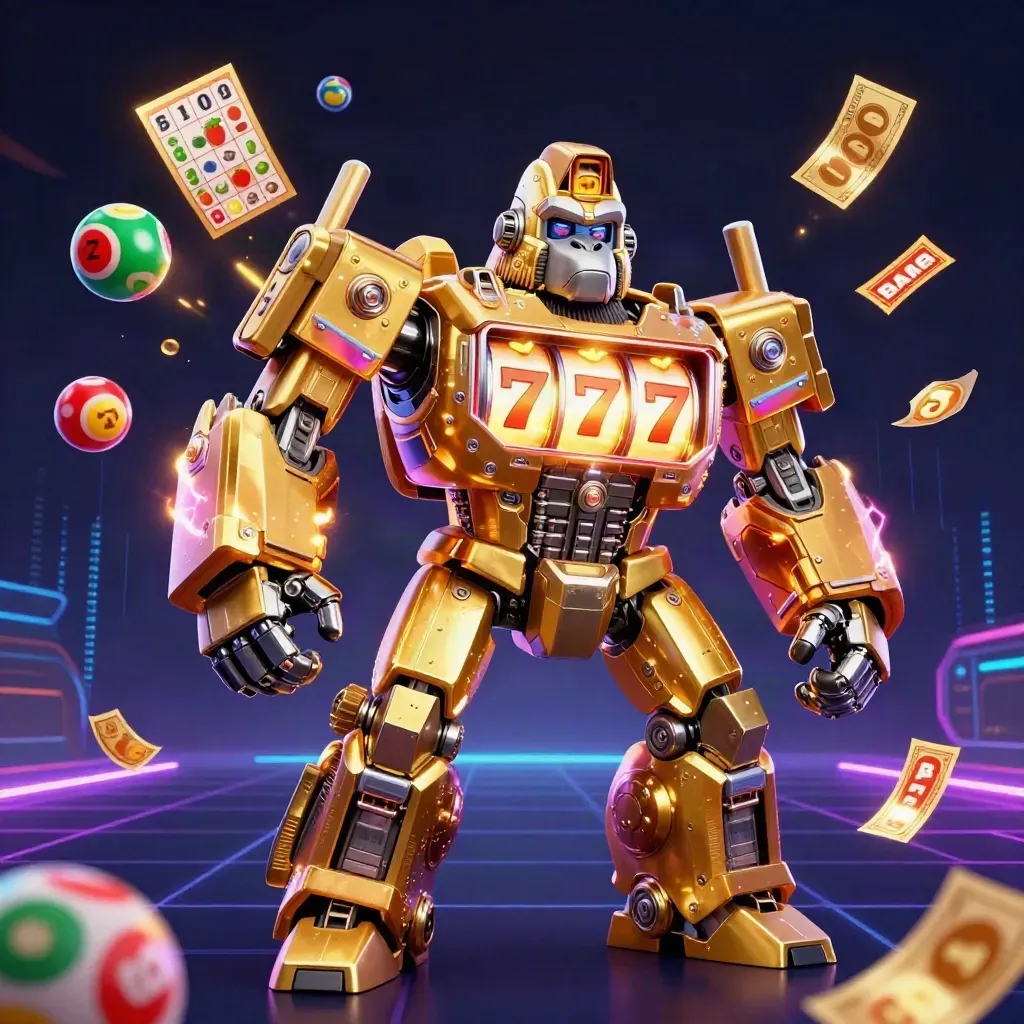 Golden gorilla mech with tiny monkey pilot, neon grid, lottery balls, prize wheel, and slot chaos