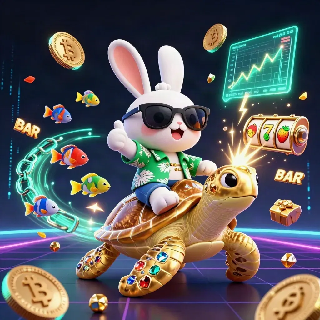 Lucky rabbit rides a gem turtle as coins, charts, and energy burst in a neon casino scene.