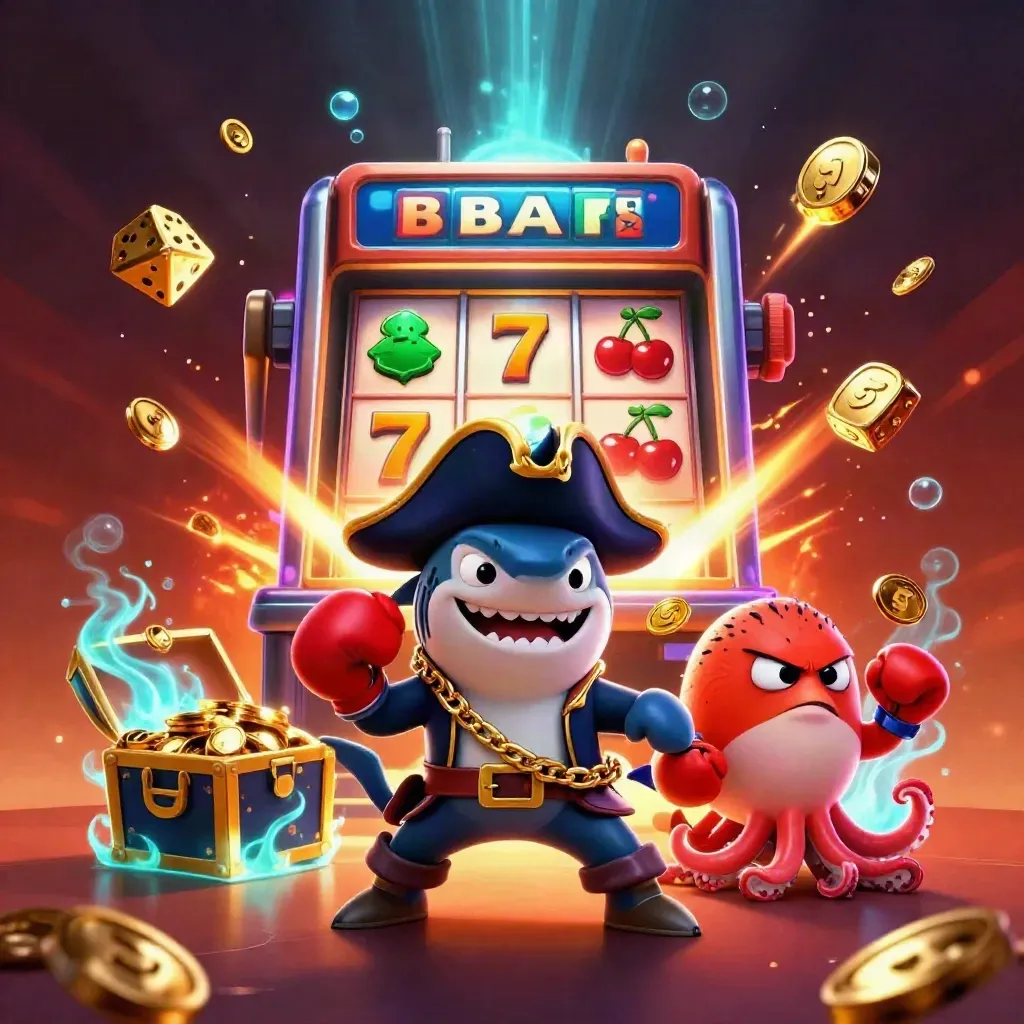 Shark pirate, boxing pufferfish, and coin-juggling octopus amid bursting casino loot