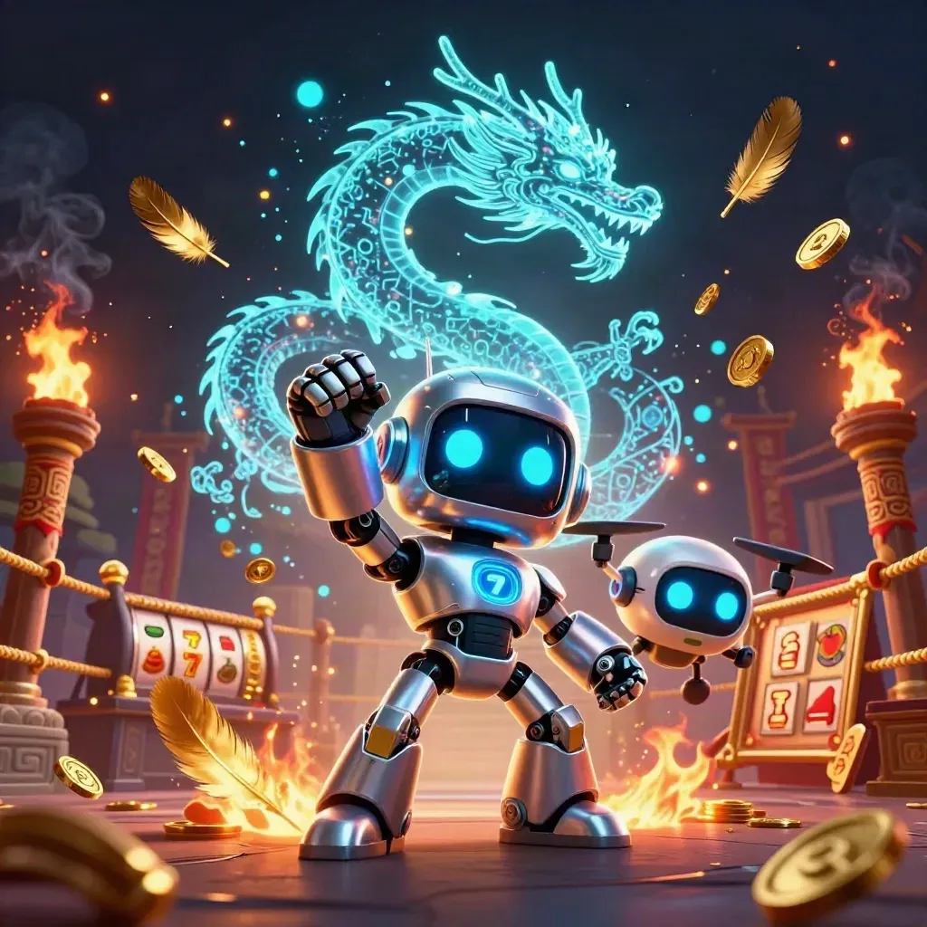 Cyberpunk robot, holographic dragon, and coin drone amid temple-gate casino chaos and glowing coins.