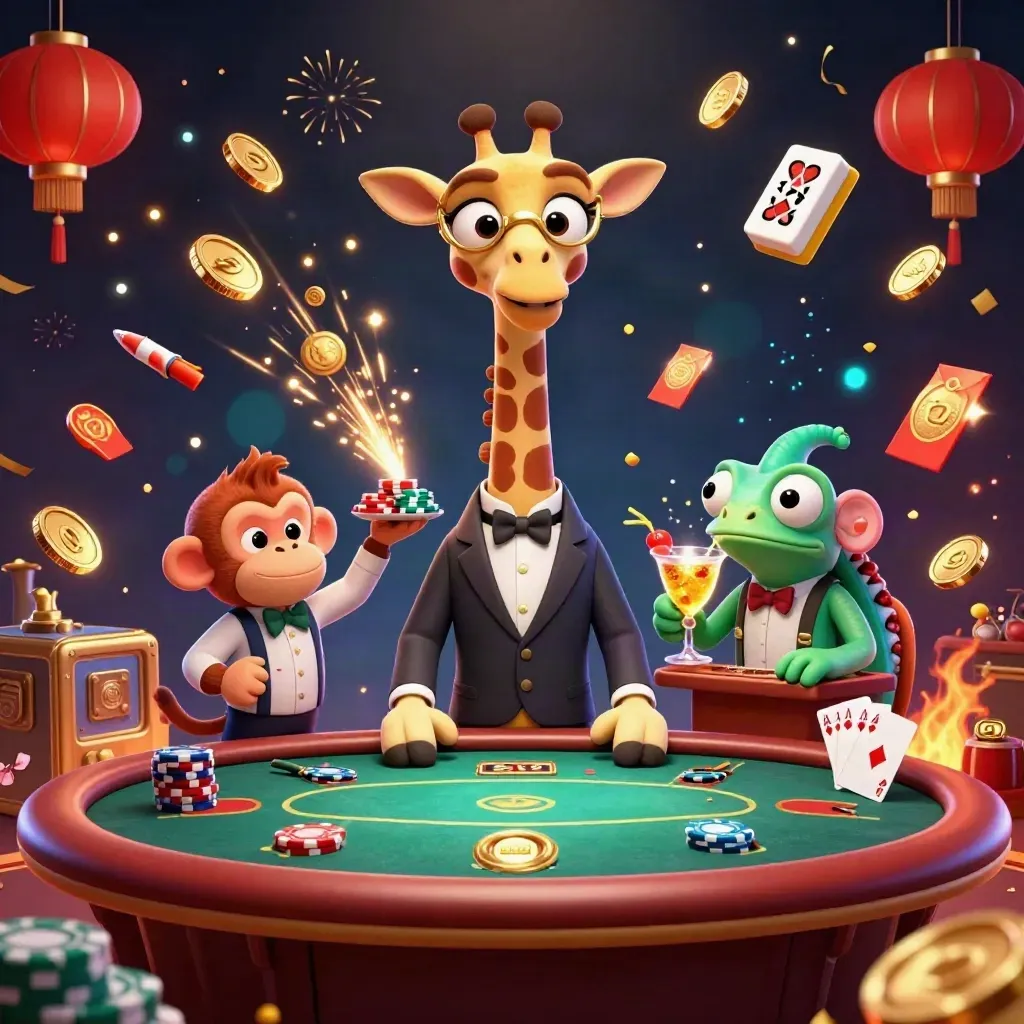 3D giraffe, monkey, and chameleon at a poker table amid gold coins, fireworks, and casino glam