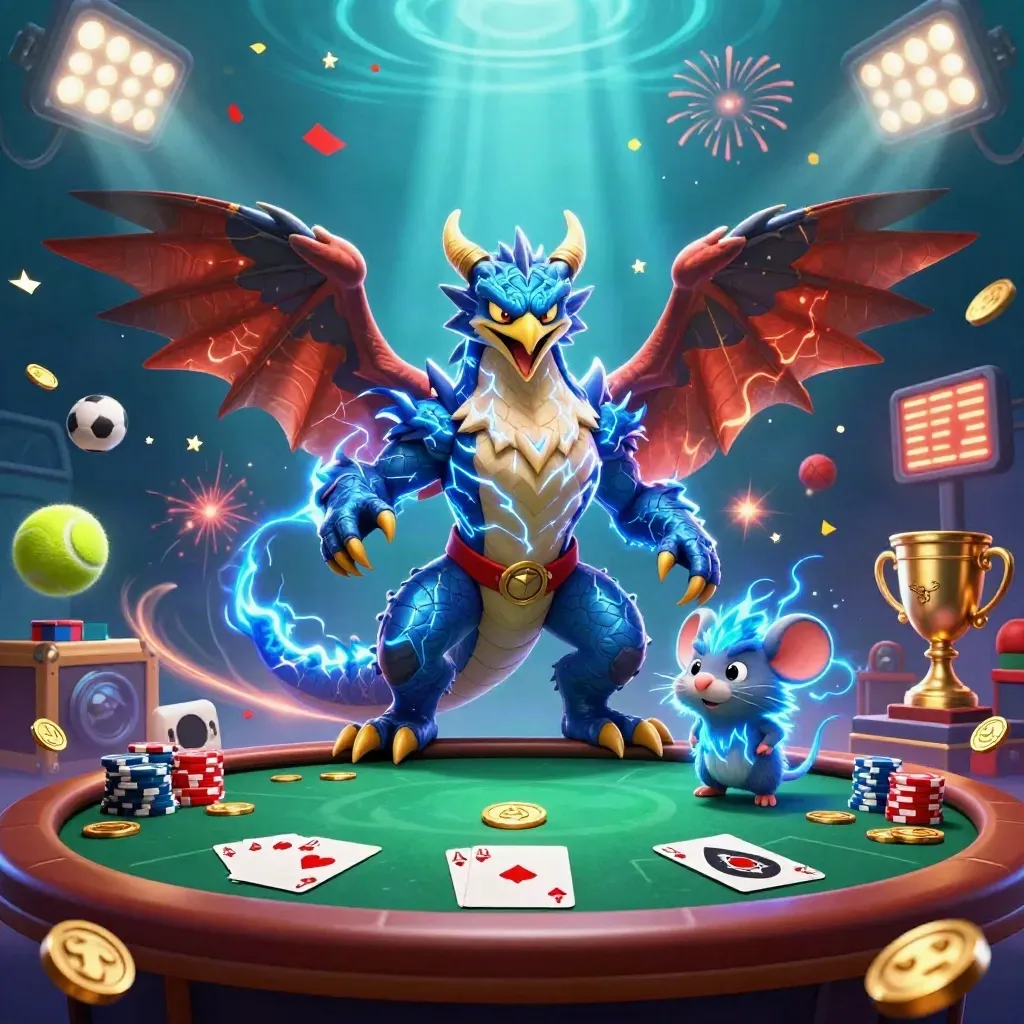Thunder dragon, wind hawk, and static mouse amid exploding coins, poker chips, and fireworks.