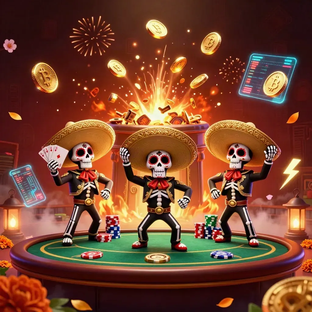 Skeleton mariachi trio amid poker chips, crypto coins, gold, fireworks, and glowing casino energy.