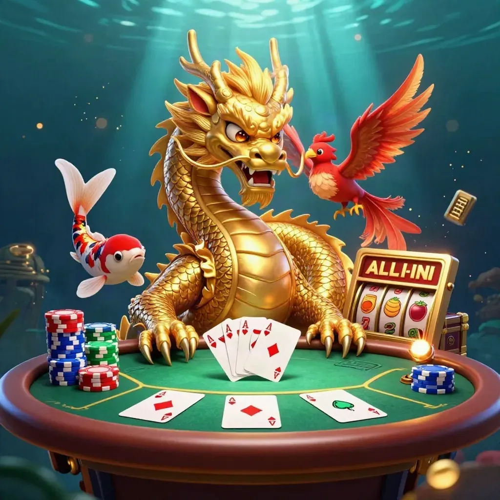 Golden dragon, phoenix, koi and poker chips burst from a dark underwater casino glow.