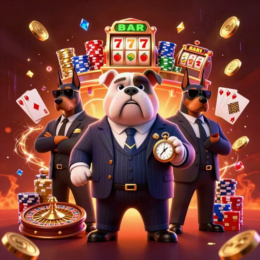 Bulldog poker boss with two Dobermans amid chips, cards, coins, reels, and glowing casino effects.