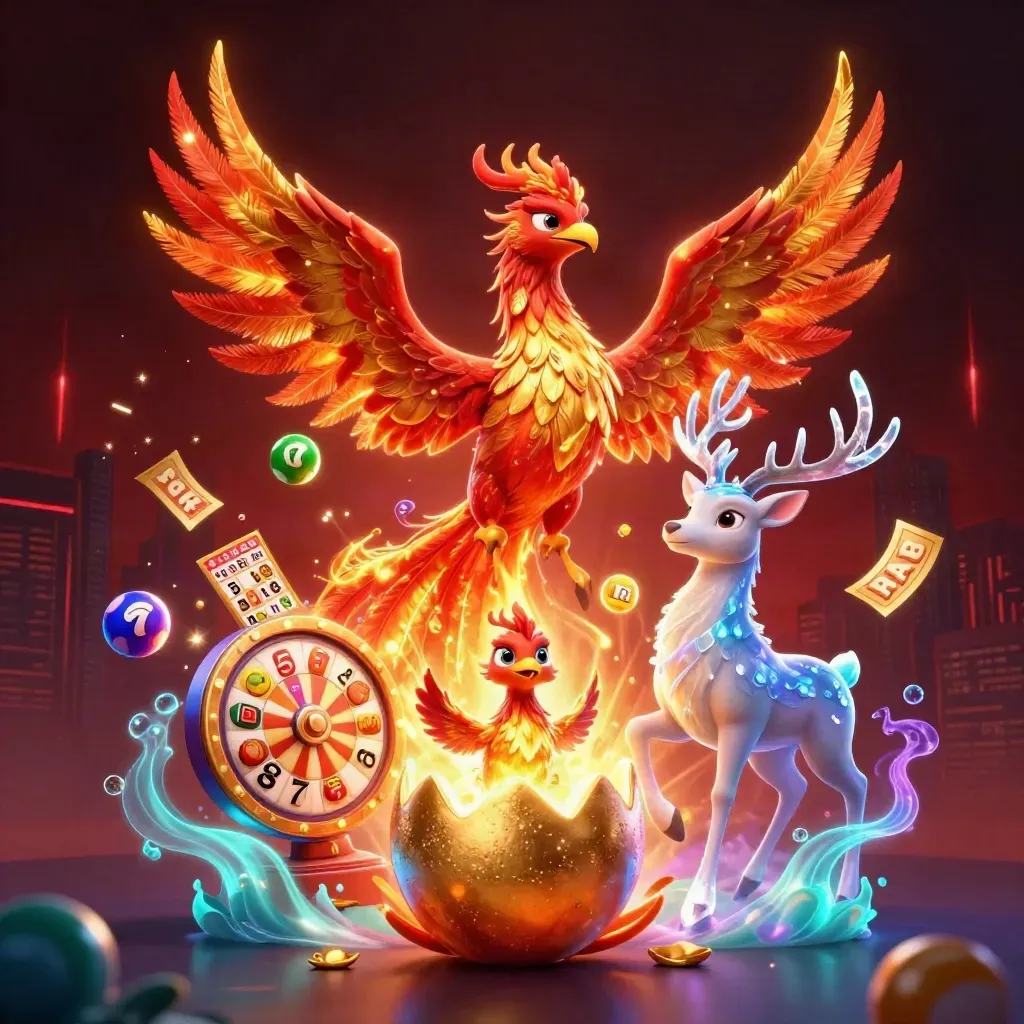 Fire phoenix, hatching chick, and crystal-antler stag amid casino bursts and neon light