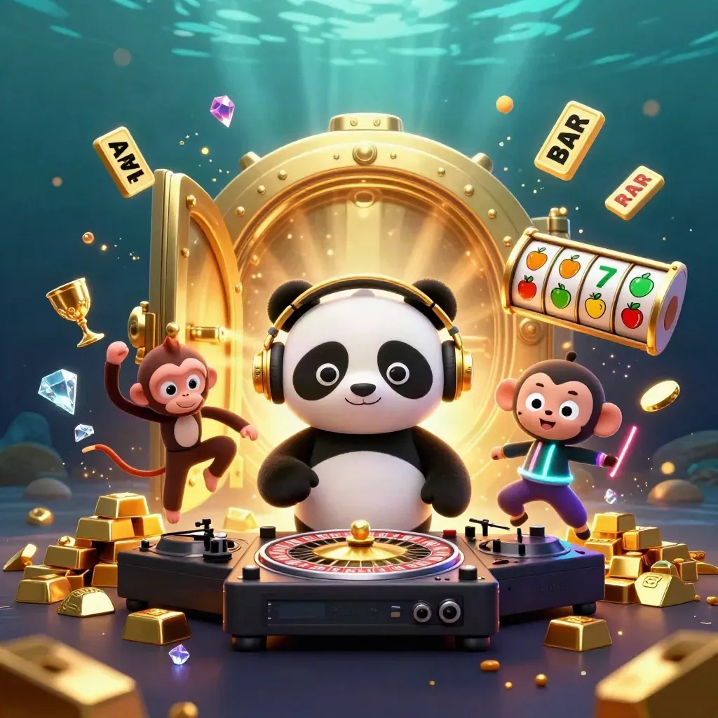 DJ panda, dancing monkey, and glow-stick kitten burst from a glowing vault in casino fantasy art