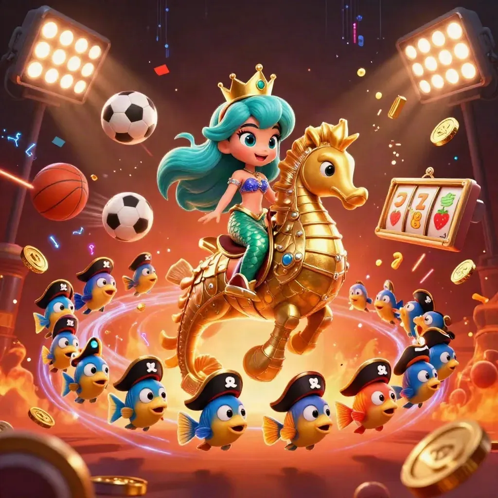 Mermaid princess on armored seahorse with pirate fish, sports balls, trophy, coins, and casino effects.