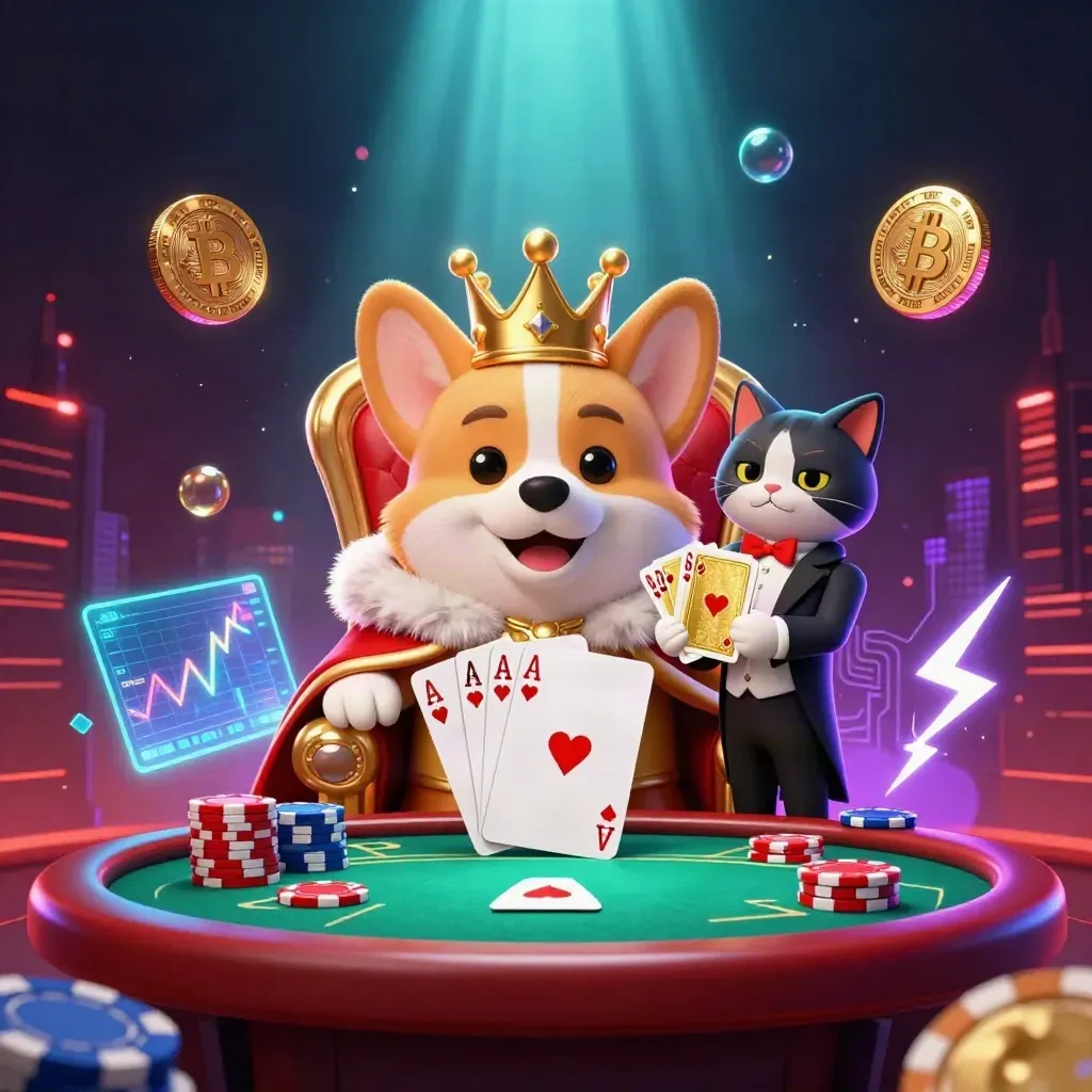 Royal corgi king and cat butler amid chips, coins, and neon poker magic.