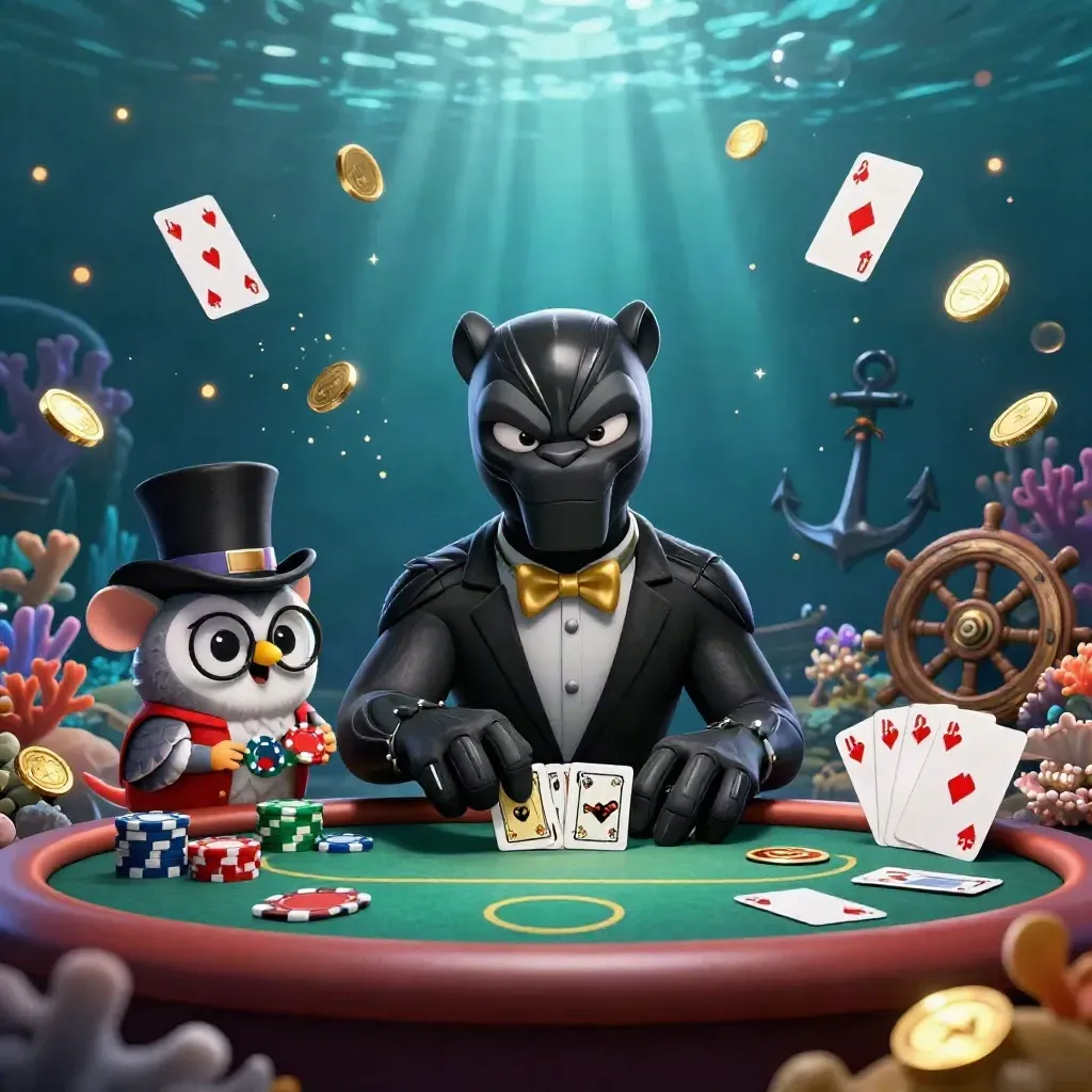Panther, owl, and mouse play cards in a glowing underwater poker treasure cove.