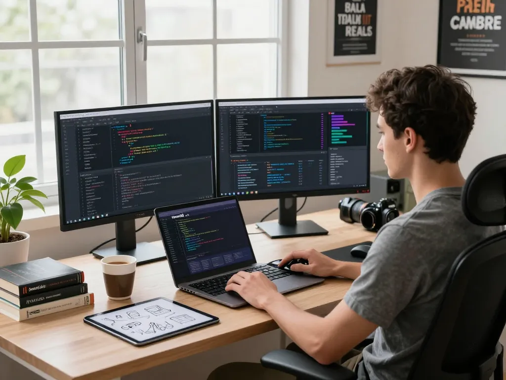Developer utilizing OpenClaw in a modern workspace, dual monitors and tech setup.