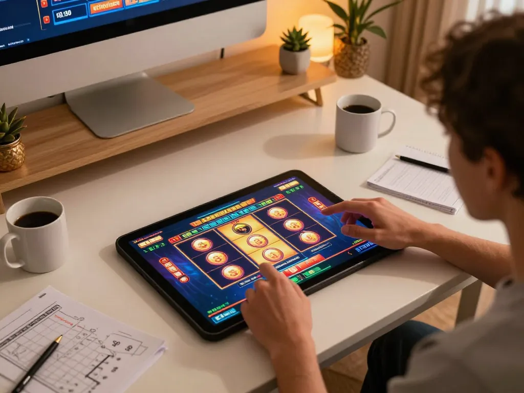 Player exploring slot gacor interface on tablet in cozy home setup, showcasing exciting winning animations.
