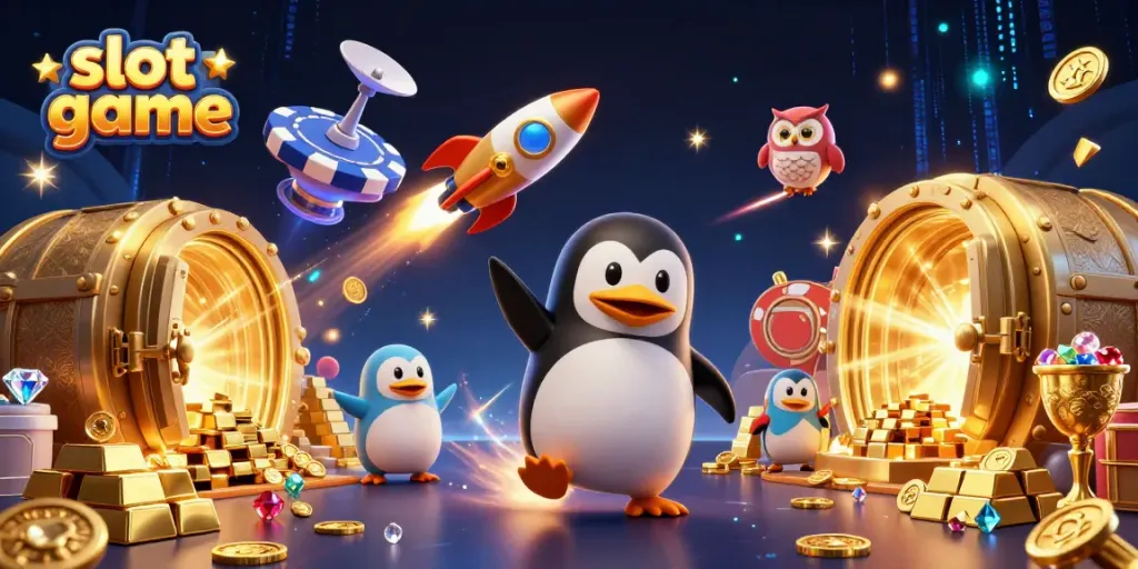 Experience thrilling slot game action with a golden penguin soaring toward a giant poker chip station.