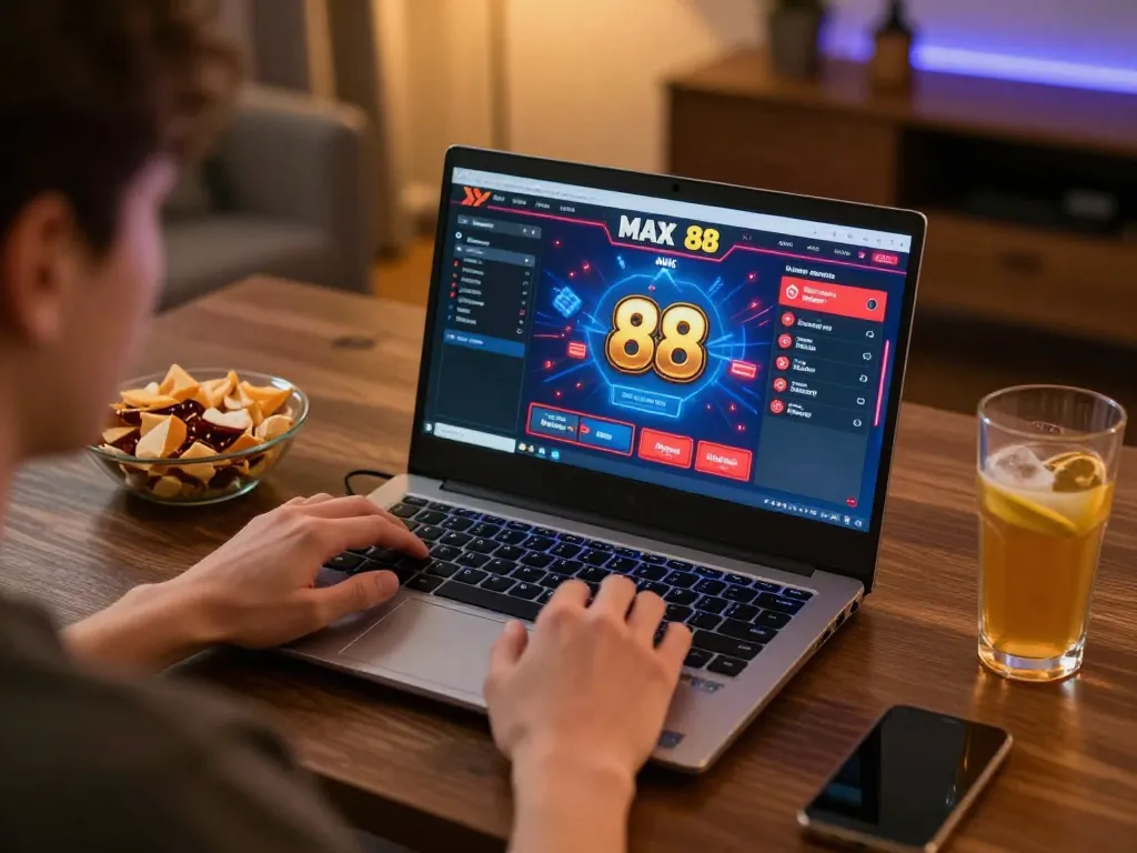 Player exploring Max 88 online casino on a laptop, enjoying a cozy gaming session at home.
