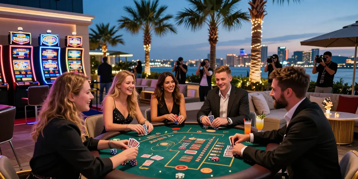Vibrant outdoor non UK casinos scene with players enjoying games at twilight, showcasing festive atmosphere