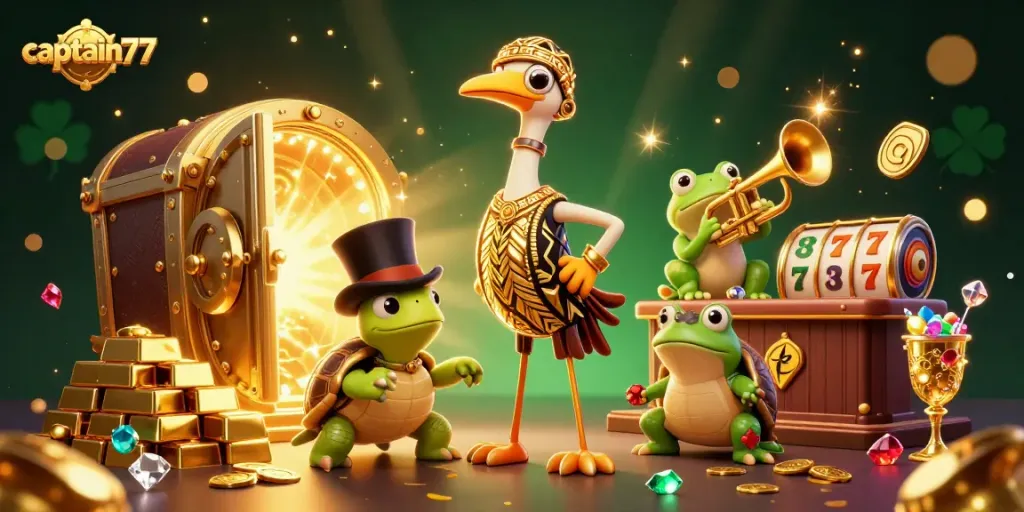 Experience winning energy with captain77 as characters celebrate in a vibrant casino scene.