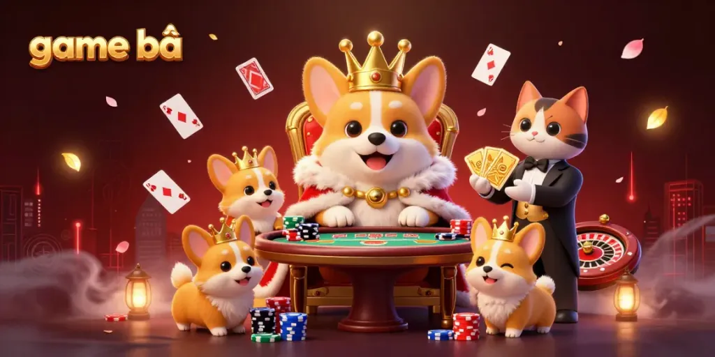 Engaging scene of royal corgi as game bài mascot amidst poker chips and floating cards.