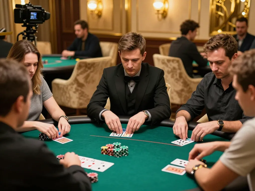 Experience an exciting poker game with Iwin: Players strategizing at a luxury table.