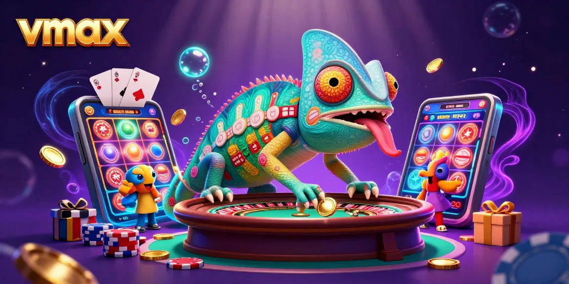 Experience vibrant vmax gameplay action with a colorful casino scene featuring a chameleon and slot game elements.
