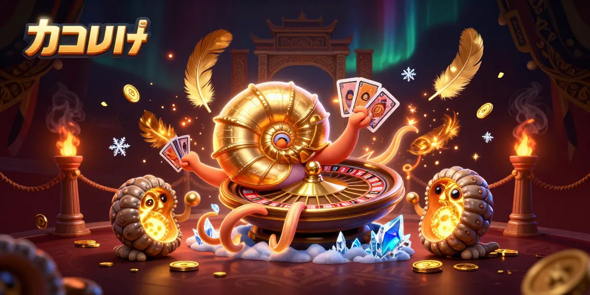 Engage in แทงบอล with a mythical nautilus holding cards amidst a vibrant casino scene.