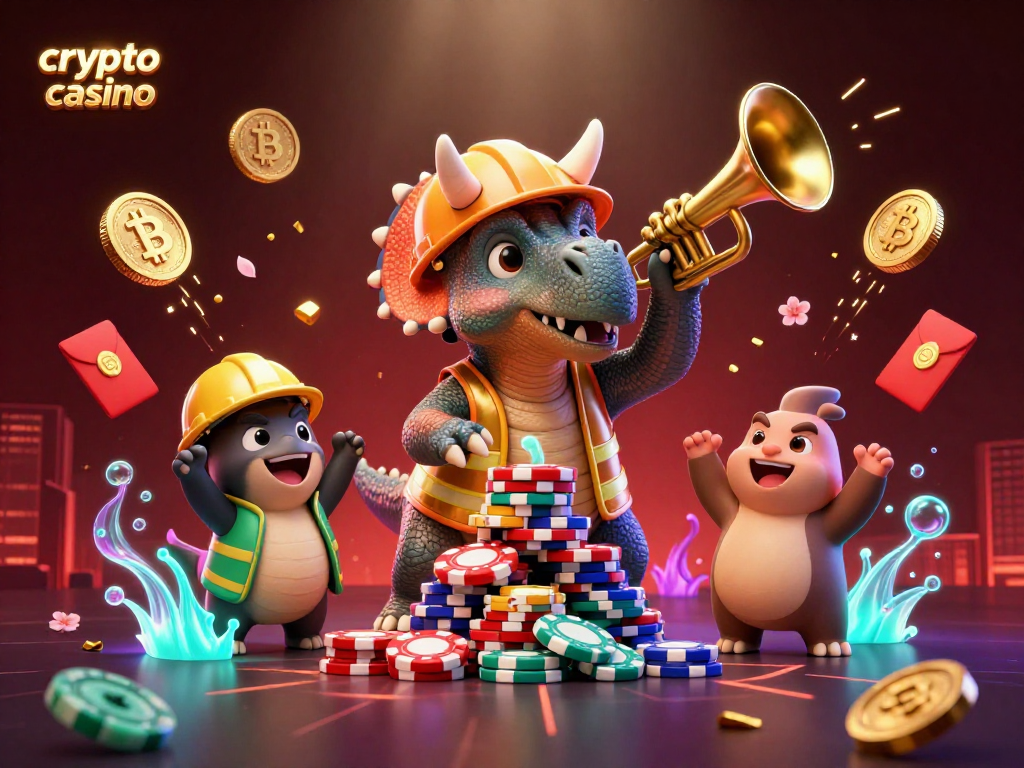 Celebrate wins at the crypto casino with a vibrant, dynamic 3D scene of gambling excitement.