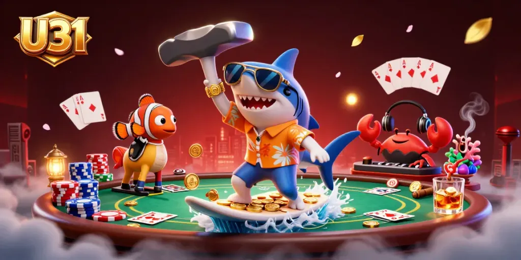 Engage in thrilling gaming at U31, portrayed with vibrant characters and casino elements.