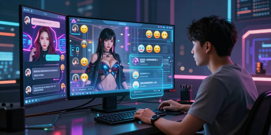 Engaging with hentai chat AI in a futuristic virtual chat room environment.