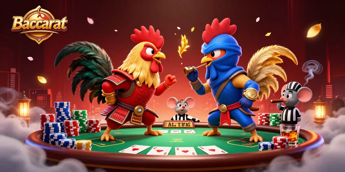 Baccarat showdown between cartoon roosters with poker elements in a vibrant casino setting.