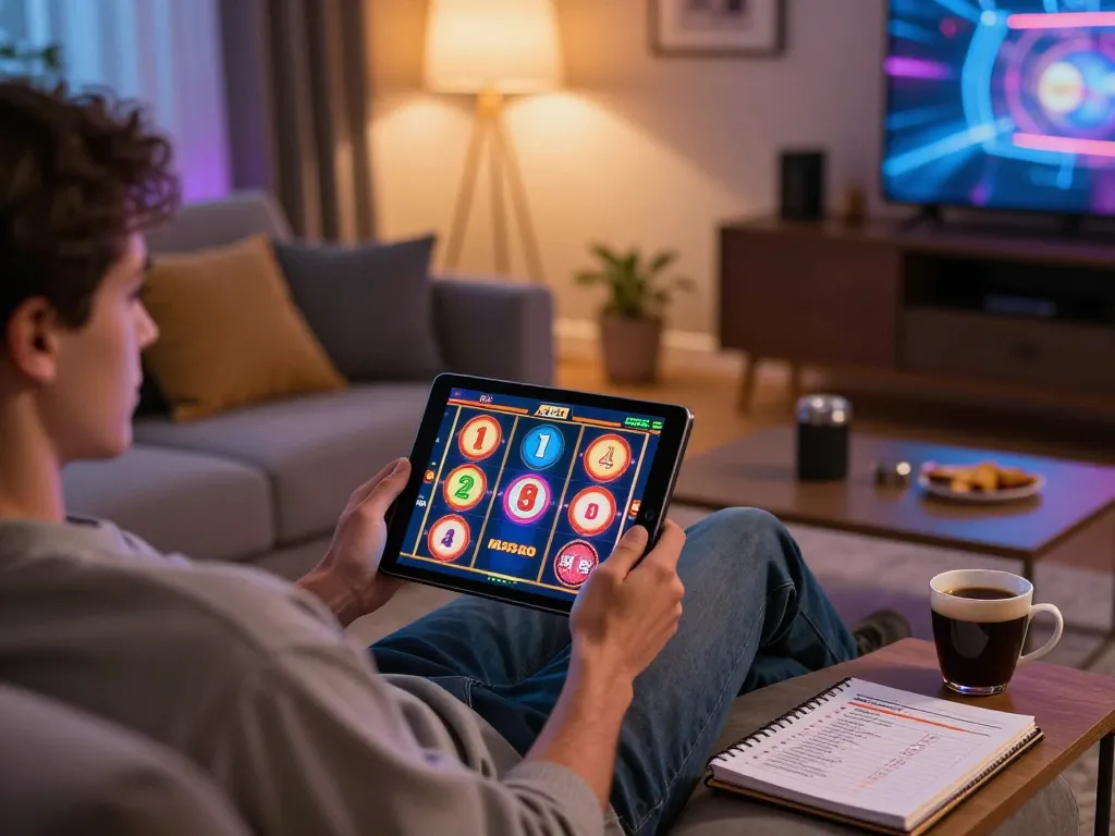 spinadvisor engaging with spinning slot machines while relaxing at home on a tablet