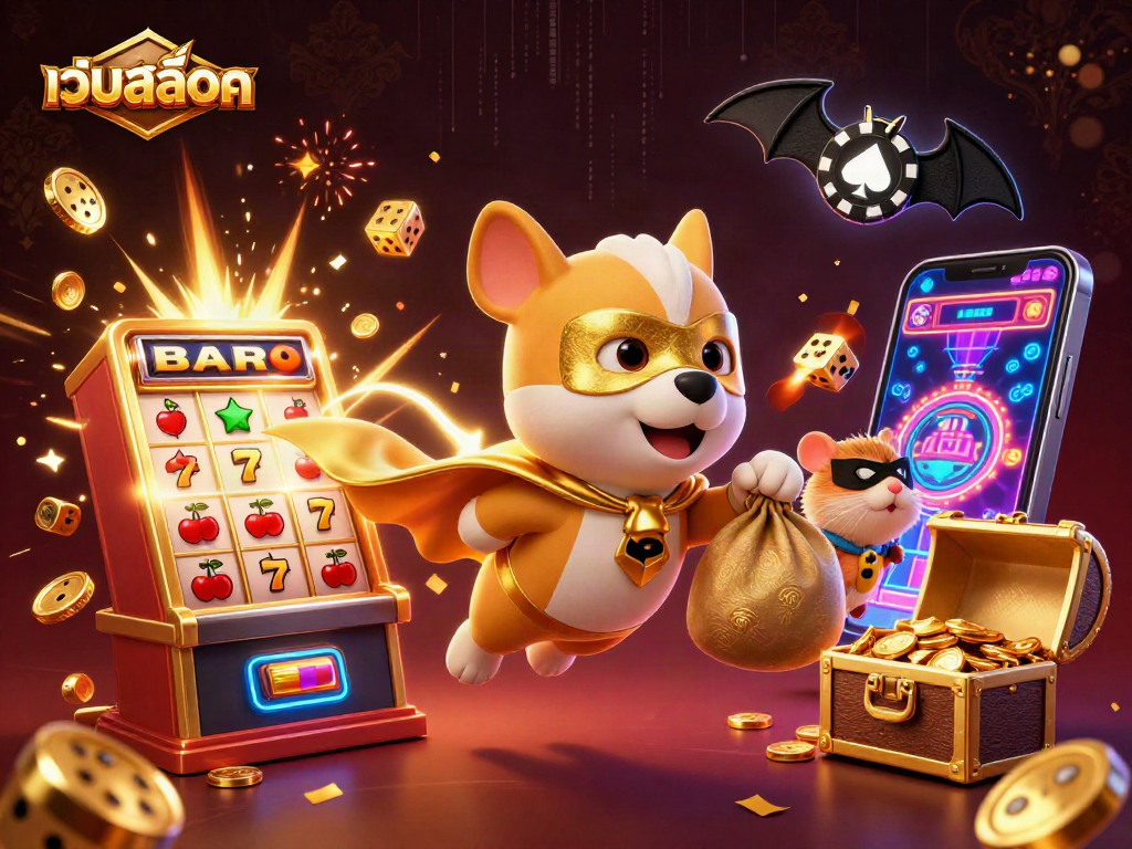 Experience thrilling เว็บสล็อต action with a superhero dog and jackpot symbols in a vibrant casino scene.