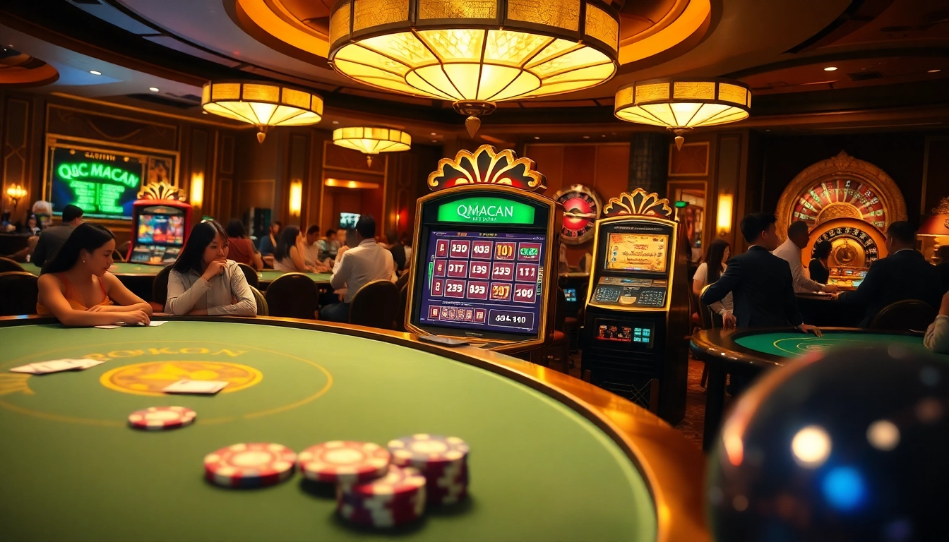 Experience the excitement of gaming on QQMacan's premium slot machines in a glamorous casino.