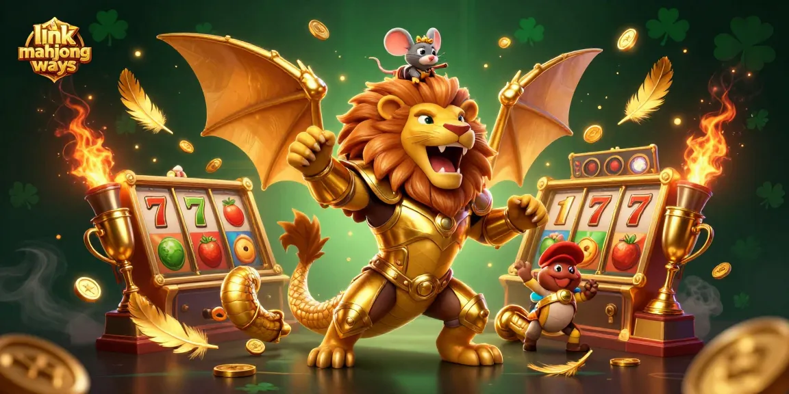 Engage with link mahjong ways through this vibrant 3D illustration showcasing thrilling slot game elements and a spirited chimera.
