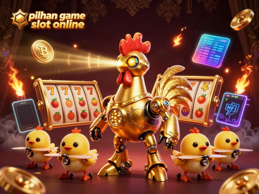 Menangkan pilihan game slot online dan jackpot dengan simbol ceria dalam ilustrasi 3D yang dinamis.