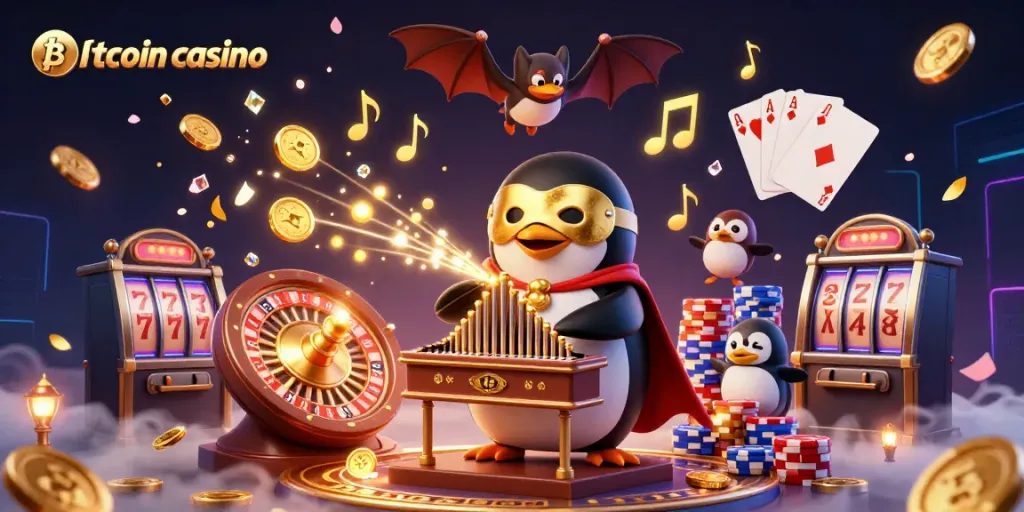 Experience thrilling wins at a bitcoin casino with our vibrant 3D illustration of a penguin playing for high stakes.