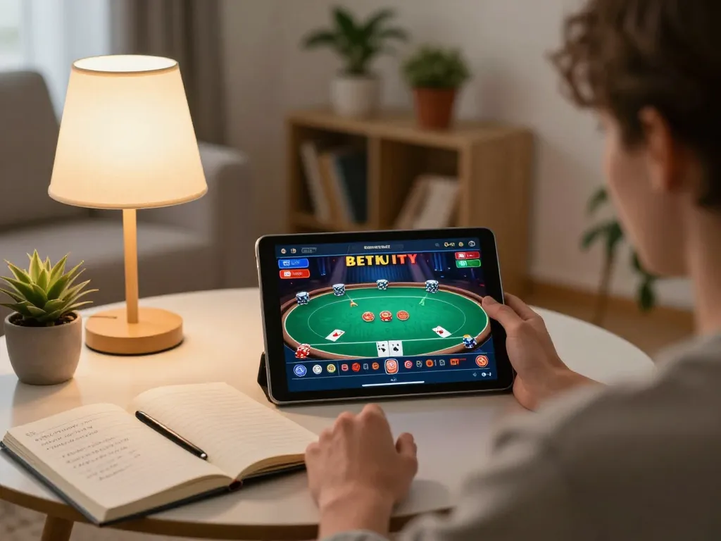 Menggenggam kenzototo login di tablet, menampilkan permainan poker dalam suasana ruang tamu yang nyaman.