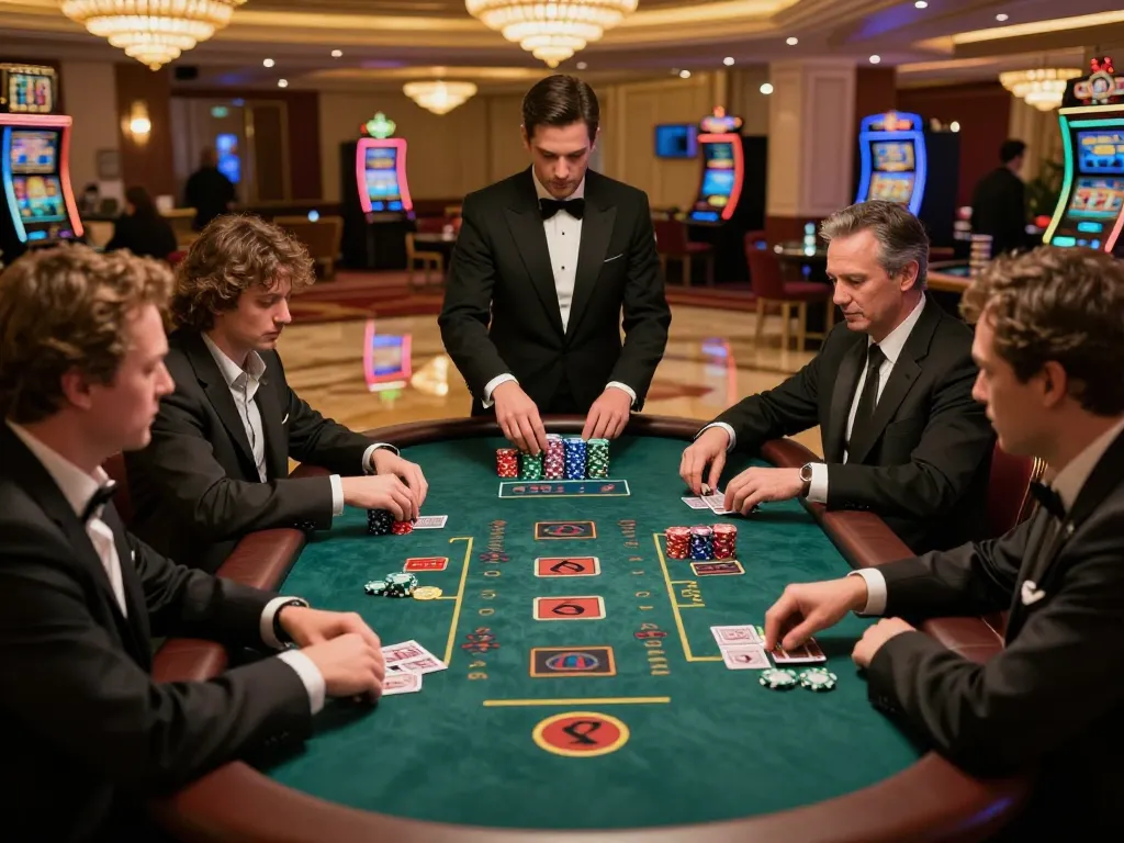 Players engaging in a vibrant Bbet blackjack game on a luxurious casino floor with stacked chips.