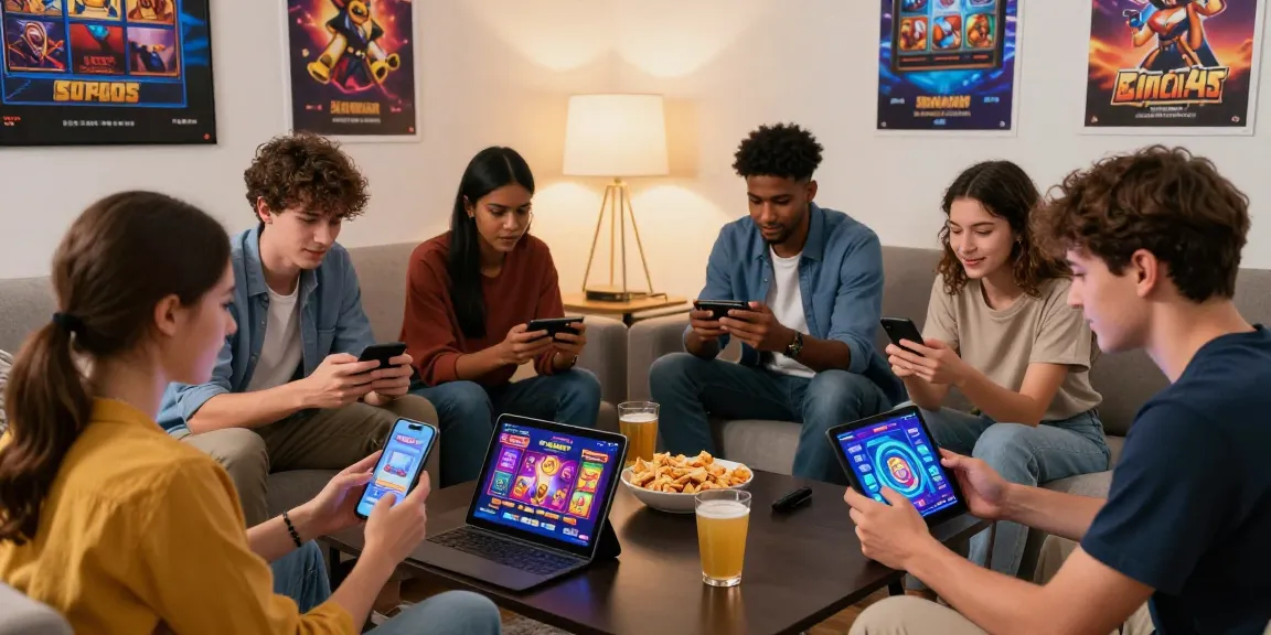 Friends enjoying new online slot sites on mobile devices in a cozy living room.