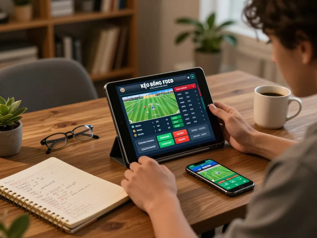 Engaging in kèo bóng đá trực tuyến betting with tablet and strategic notes in a cozy home setting.