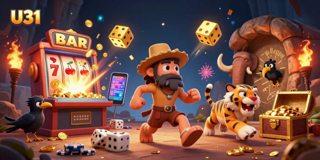Experience exciting gameplay with U31's prehistoric casino theme featuring vibrant characters and jackpot symbols.