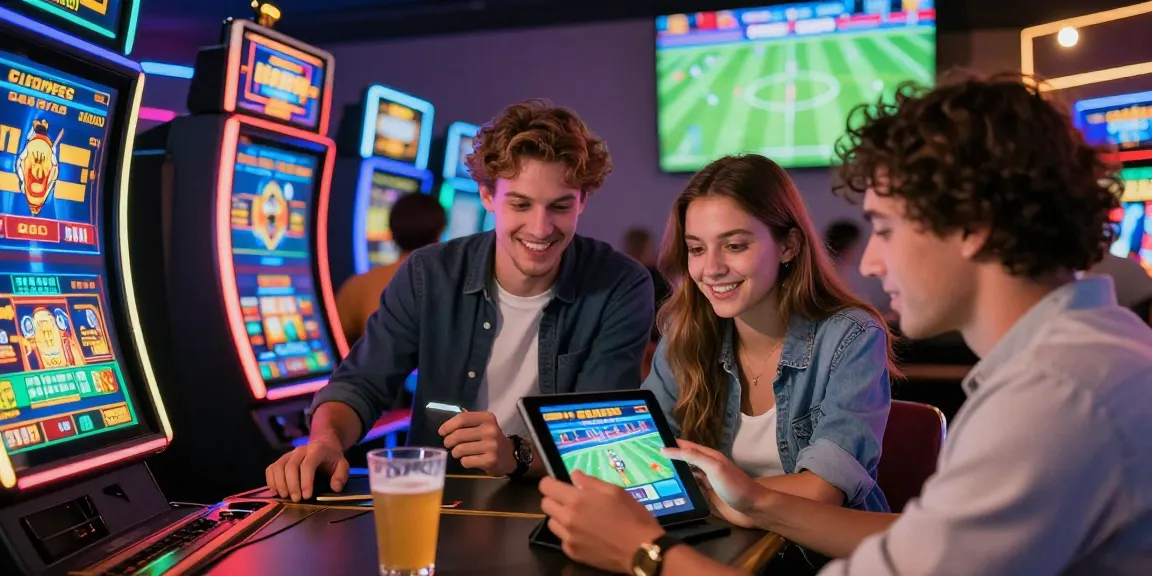 Group enjoying online betting at casino esportes da sorte, featuring vibrant slot machines and live sports.