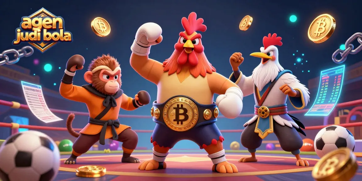 Bet on agen judi bola with a dynamic scene featuring sports-themed characters and vibrant gambling elements.
