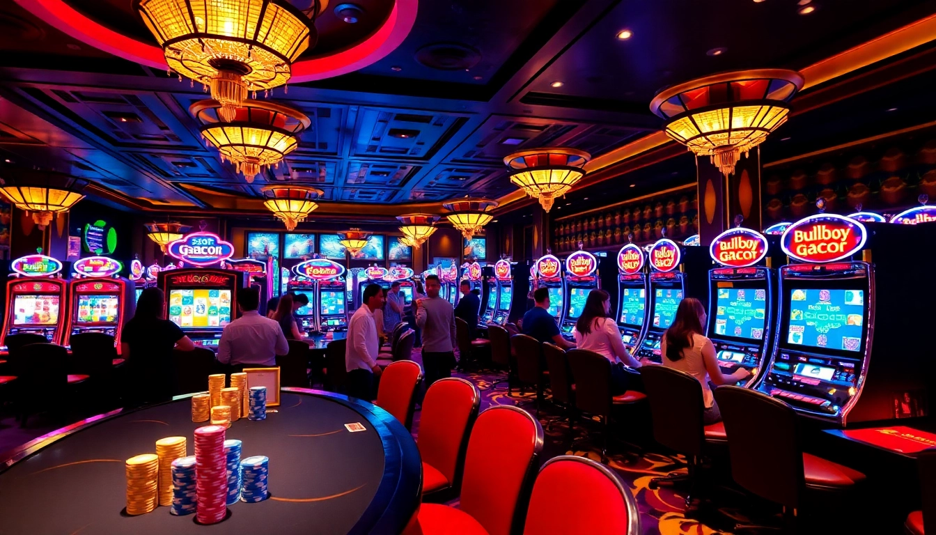 Excited players enjoying slot gacor machines in a luxurious casino setting.