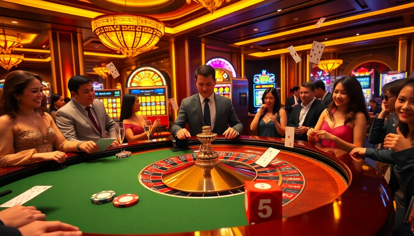 Engage in high-stakes excitement at KK55 Casino featuring roulette tables and vibrant slot machines.