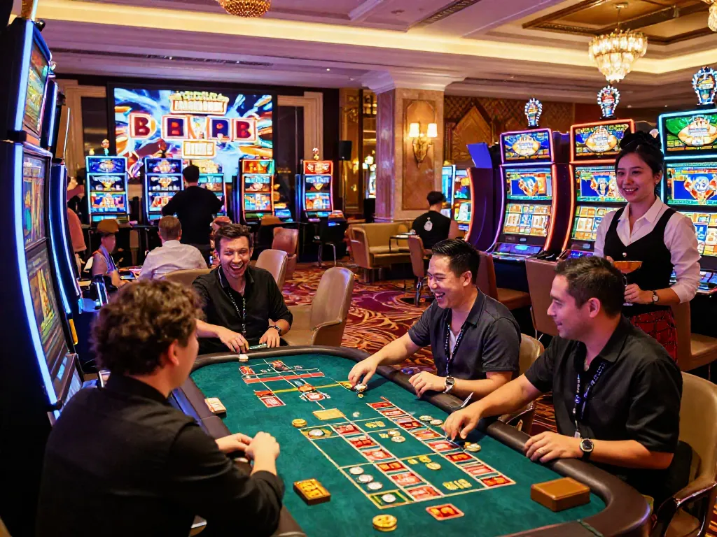 Dynamic gaming atmosphere at hotwin88 casino showcasing lively players and vibrant decor.