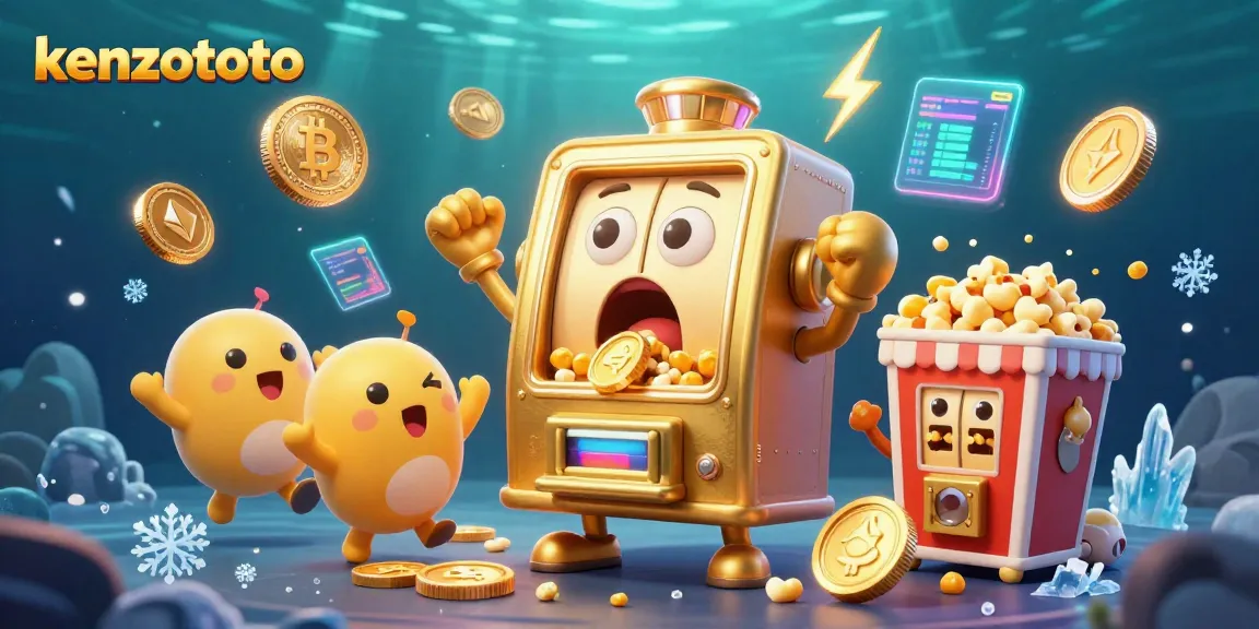 Kenzototo delivers excitement as a golden slot machine hits a jackpot, surrounded by cheering machines and crypto elements.