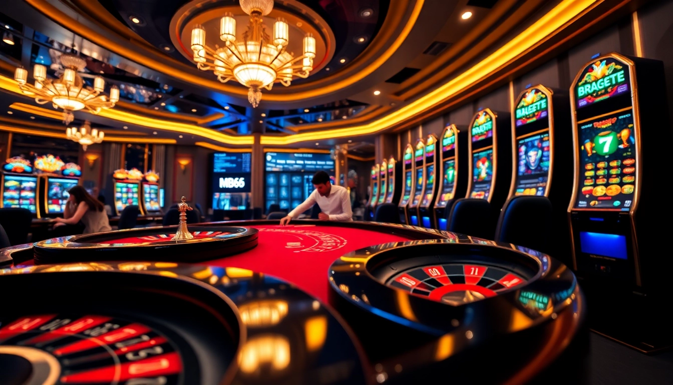 Experience luxurious gambling at MB66.COM with vibrant poker tables and roulette wheels.